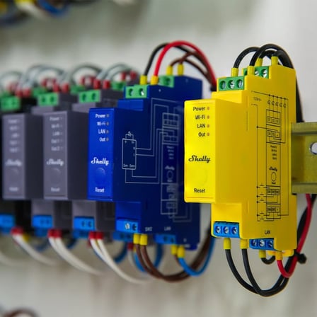 Shelly Pro RGBWW PM elektrik panosunda DIN ray montajlı LED aydınlatma kontrol uygulaması
