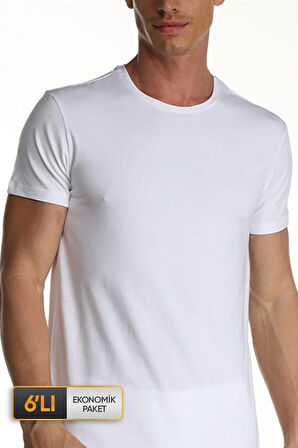 Erkek Elastanlı Beyaz T-shirt 0954 6'lı Ekonomik Paket