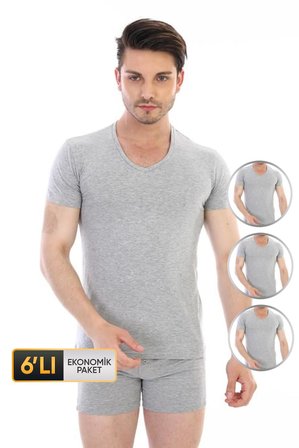 Erkek Elastanlı V Yaka Gri T-shirt 3'lü Ekonomik Paket 956