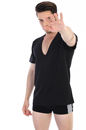 Erkek Derin V Yaka Siyah T-shirt 936