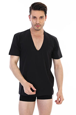 Erkek Derin V Yaka Siyah T-shirt 936