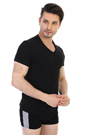 Erkek Elastanlı V Yaka Siyah T-shirt 956