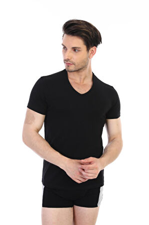 Erkek Elastanlı V Yaka Siyah T-shirt 956