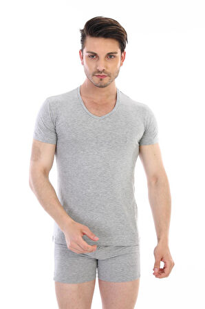 Erkek Elastanlı V Yaka Gri T-shirt 956
