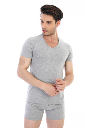 Erkek Elastanlı V Yaka Gri T-shirt 956