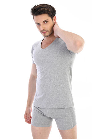 Erkek Elastanlı V Yaka Gri T-shirt 956