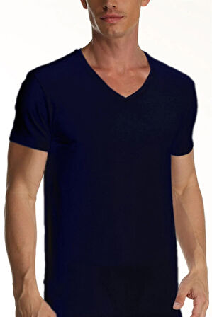 Erkek Elastanlı V Yaka Lacivert T-shirt 956