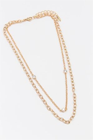 Çelik Gold Zirkon Detaylı İkili Kolye (45Cm)