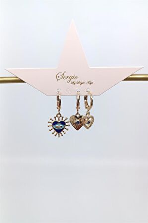 Çelik Gold Kalp Detay Zirkon Taşlı Nazar Göz Üçlü Küpe (25mm)