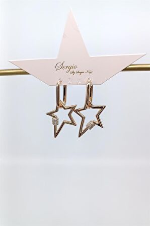 Çelik Gold Zirkon Taş Detaylı Yıldız Küpe (30mm)