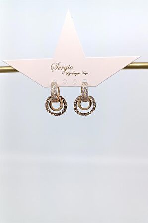 Çelik Gold Zirkon Taşlı Dövme Plaka Oval Küpe (20mm)
