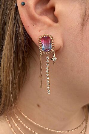 Çelik Gold Pembe ve Mor Detaylı Zirkon Sallantılı Tasarım Küpe (55mm)