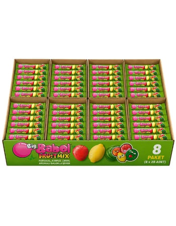 Big Babol Fruit Mix Portakal, Karpuz, Limon, Çilek Aromalı Toz Dolgulu Balonlu Sakız 20 GR X 28 Adet X 8 Adet