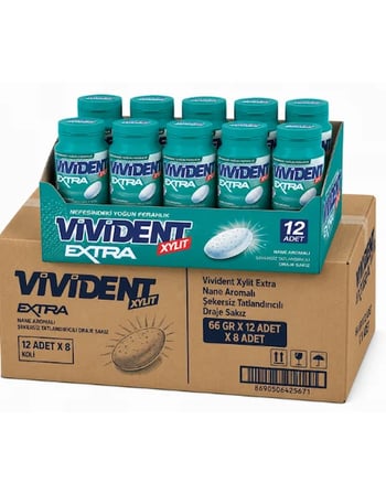 Vivident Xylit Extra Nane Aromalı Şekersiz Tatlandırıcılı Draje Sakız 66 GR X 12 Adet X 8 Adet