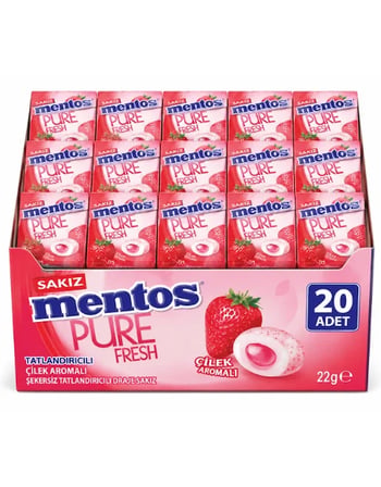 Mentos Pure Fresh Çilek Aromalı Şekersiz Tatlandırıcılı Draje Sakız 22 GR X 20 Adet