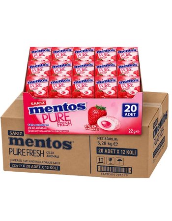 Mentos Pure Fresh Çilek Aromalı Şekersiz Tatlandırıcılı Draje Sakız 22 GR X 20 Adet X 12 Adet