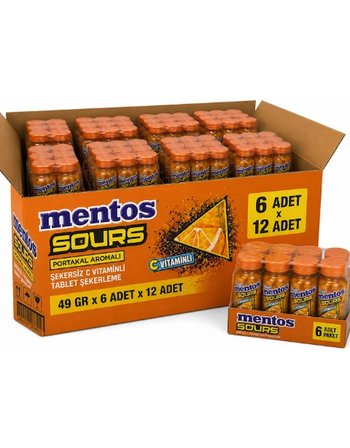 Mentos Sours Portakal Aromalı Şekersiz C Vitaminli Tablet Şekerleme 49 GR x 6 Adet X 12 Adet