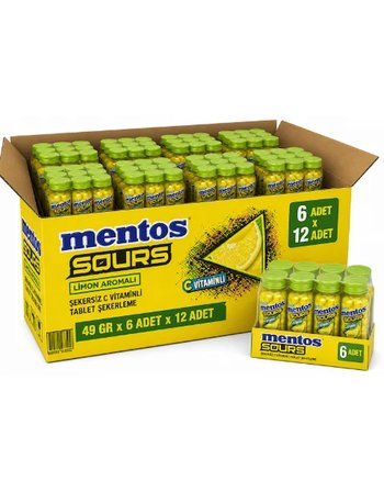 Mentos Sours Limon Aromalı C Vitaminli Tablet Şekerleme 49 GR X 6 Adet X 12 Adet