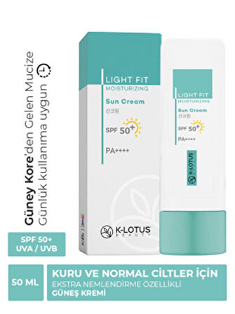 K-Lotus Beauty Light Fit Yüz ve Vücut SPF 50+ Nemlendirici Güneş Kremi PA++++ 50ml (Normal ve Kuru Ciltler)