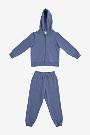 Harves Koloni Mavi Pamuklu Fermuarlı Çocuk Sweatshirt Jogger 2'li Takım