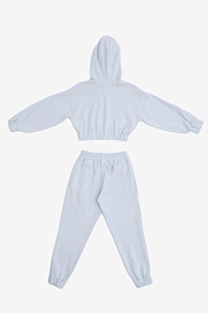Gro Mavi Pamuklu Kız Çocuk Crop Sweatshirt Jogger 2'li Takım