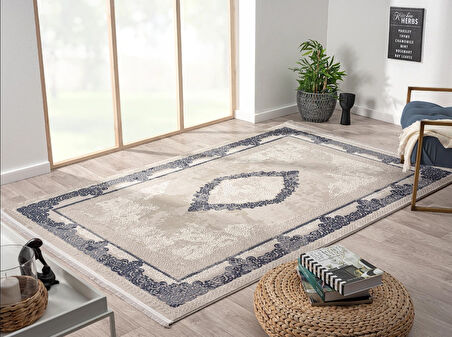 Soft 716 Gri Halı Lacivert Kenar Çerçeveli Göbekli Modern Akrilik Tozuaz Salon Halısı Koridor Halısı