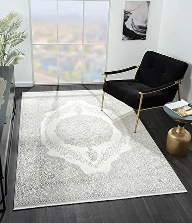 Zenith Zn005a Gri Halı Antrasit Detaylı Göbekli Modern Yumuşak Kadife Ince Antialerjik Salon Halısı