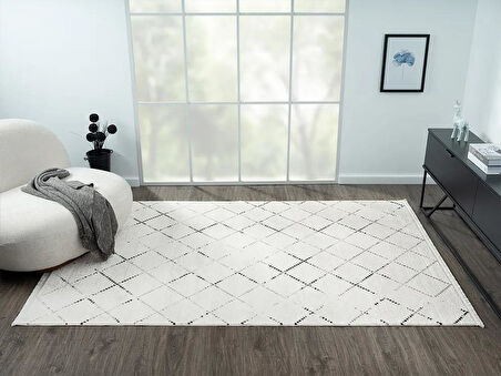 Elegance Eg010a Beyaz Halı Geometrik Detaylı Modern Viskon Doğal Iplik Bambu Halı Tozu Az Salon Halı