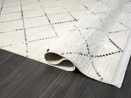 Elegance Eg010a Beyaz Halı Geometrik Detaylı Modern Viskon Doğal Iplik Bambu Halı Tozu Az Salon Halı