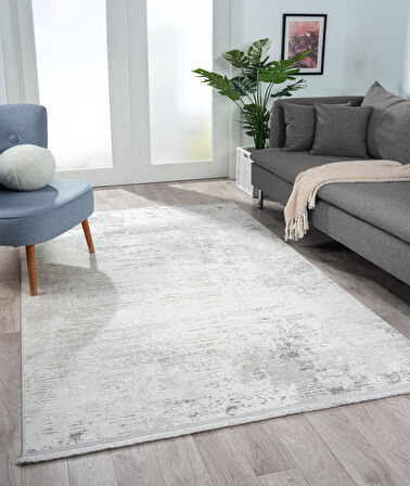 Lotus 8563 Açık Gri Halı Gri Detaylı Modern Ince Akrilik Tozuaz Salon Halısı Yatak Odası Koridor