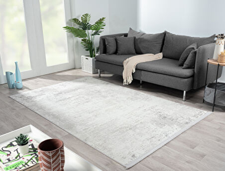 Lotus 8563 Açık Gri Halı Gri Detaylı Modern Ince Akrilik Tozuaz Salon Halısı Yatak Odası Koridor