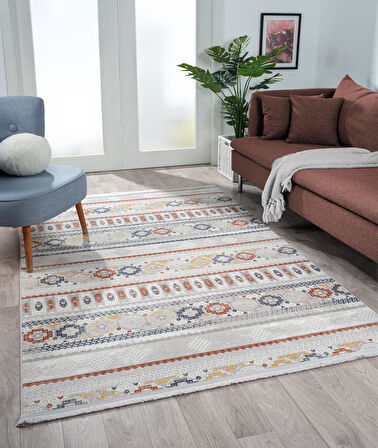 Lotus 8565 Gri Halı Renkli Kilim Desenli Modern Ince Akrilik Tozuaz Salon Halısı Yatak Odası Koridor