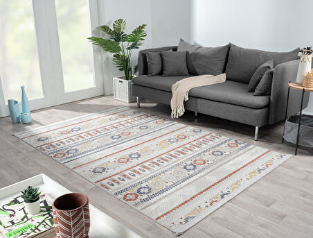 Lotus 8565 Gri Halı Renkli Kilim Desenli Modern Ince Akrilik Tozuaz Salon Halısı Yatak Odası Koridor