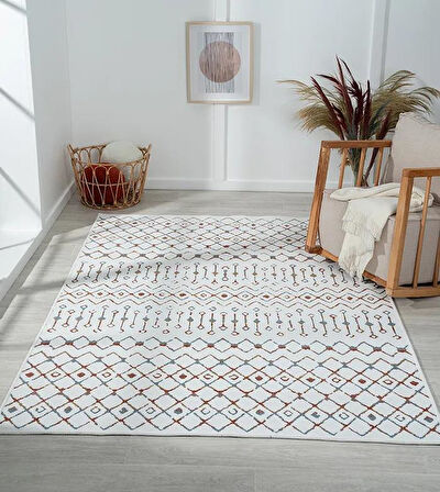 Lenda Ld002A Gri Kilim Renkli Detaylı Ince Antialerjik Kaymaz Taban Makinede Yıkanabilir Salon Halı