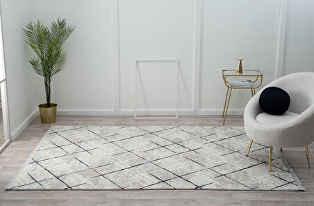 Tokyo Tk001m Gri Halı Lacivert Detaylı Modern Akrilik Halı Kaymaz Taban Tozuaz Salon Halısı Koridor