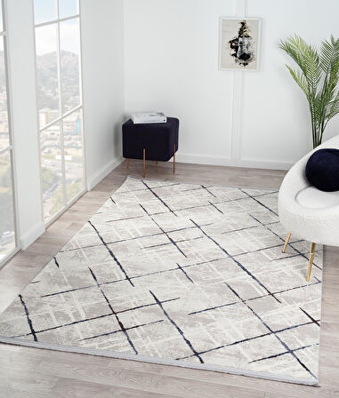 Tokyo Tk001m Gri Halı Lacivert Detaylı Modern Akrilik Halı Kaymaz Taban Tozuaz Salon Halısı Koridor