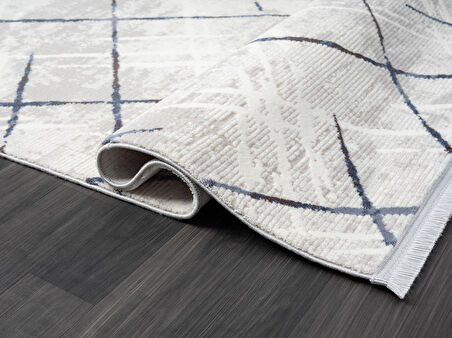 Tokyo Tk001m Gri Halı Lacivert Detaylı Modern Akrilik Halı Kaymaz Taban Tozuaz Salon Halısı Koridor