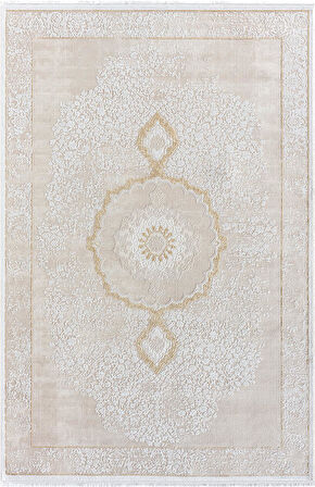 Elit El004s Krem Halı Gold Detaylı Göbekli Kenar Çerçeveli Ince Yumuşak Akrilik Tozuaz Modern Salon