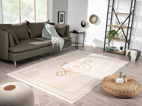 Elit El004s Krem Halı Gold Detaylı Göbekli Kenar Çerçeveli Ince Yumuşak Akrilik Tozuaz Modern Salon