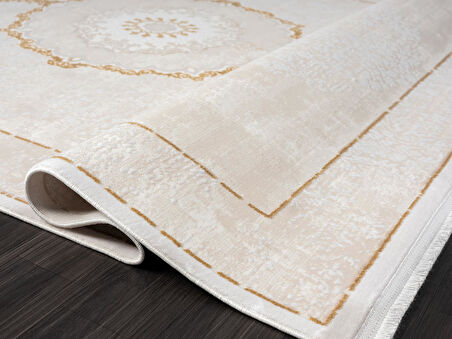 Elit El004s Krem Halı Gold Detaylı Göbekli Kenar Çerçeveli Ince Yumuşak Akrilik Tozuaz Modern Salon