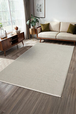 Hena HN005A Krem Şönil Kilim İnce Yumuşak Toz Yapmaz Kaymaz Taban Makinada Yıkanabilir Modern Halı
