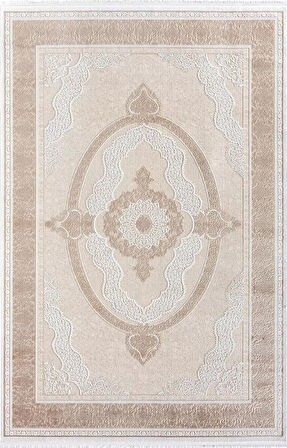 Elit El005a Krem Halı Toprak Detaylı Göbekli Kenar Çerçeveli Ince Yumuşak Akrilik Tozuaz Modern