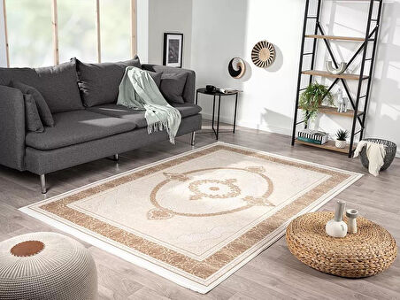 Elit El005a Krem Halı Toprak Detaylı Göbekli Kenar Çerçeveli Ince Yumuşak Akrilik Tozuaz Modern