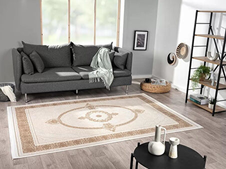 Elit El005a Krem Halı Toprak Detaylı Göbekli Kenar Çerçeveli Ince Yumuşak Akrilik Tozuaz Modern