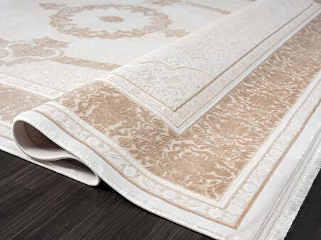 Elit El005a Krem Halı Toprak Detaylı Göbekli Kenar Çerçeveli Ince Yumuşak Akrilik Tozuaz Modern