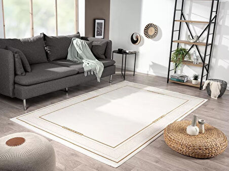 Elit El006s Krem Halı Gold Detaylı Kenar Çerçeveli Ince Yumuşak Akrilik Tozuaz Modern Salon Halısı