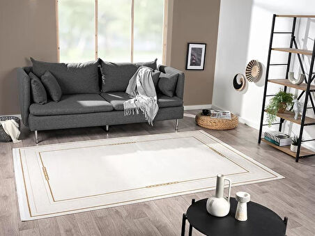 Elit El006s Krem Halı Gold Detaylı Kenar Çerçeveli Ince Yumuşak Akrilik Tozuaz Modern Salon Halısı
