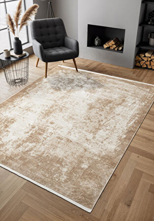 Cosmos CS003B Bej Halı Modern Detaylı Pamuk Taban Viskon Tozuaz Salon Yatak Odası Koridor Halısı