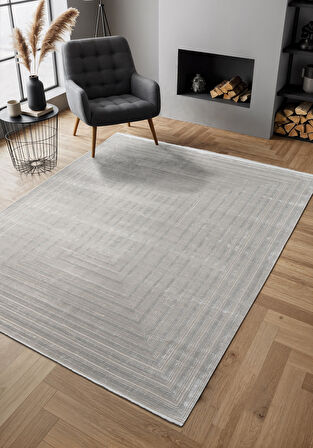 Cosmos CS005G Gri Halı Modern Detaylı Pamuk Taban Viskon Tozuaz Salon Yatak Odası Koridor Halısı