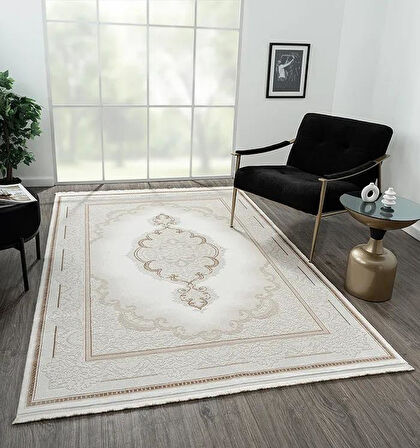 Elegance Eg001a Beyaz Halı Gold Sedef Detaylı Göbekli Modern Viskon Doğal Iplik Bambu Halı Tozu Az